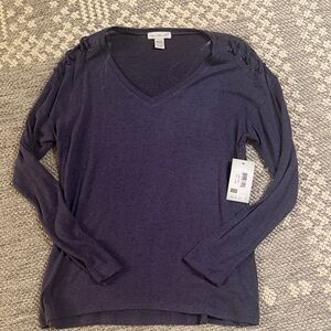 KEREN hart Navy Blue V-Neck Lace-Up Shoulder Sweater
